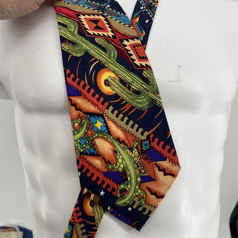 Vintage Nicole Miller 1994 Arizona Saguaro Cactus Lizard Western 100% Silk Tie